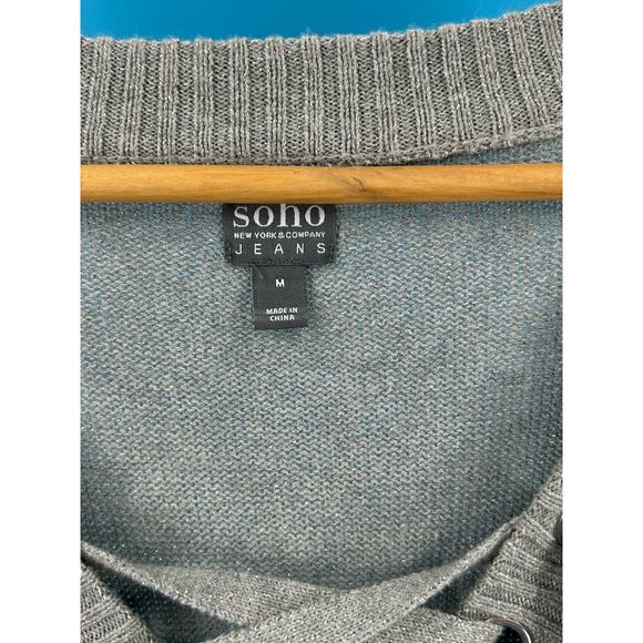 New‎ York & Co Soho Jeans Women's Long Sleeve Sweater Silver Gray Tie Up Size M - Picture 4 of 11